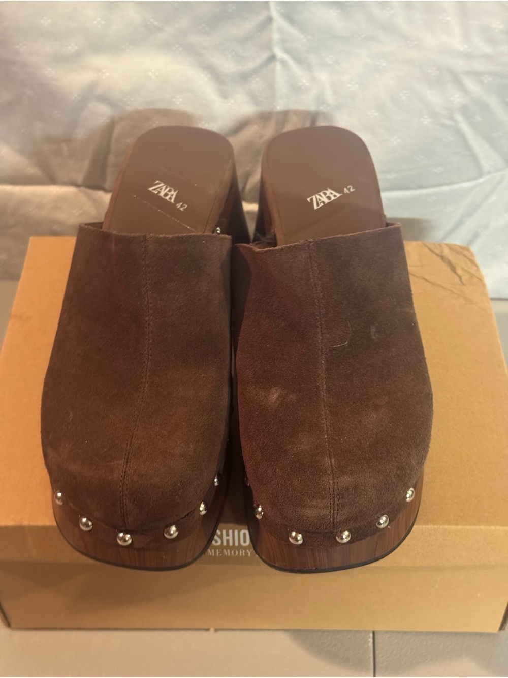 Zara Dark Brown Suede Studded Platform Clogs